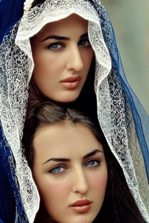 Image similar to young arab Monica Bellucci, blue eyes, long wavy black hair, white veil, closeup, focus, colored, middle eastern