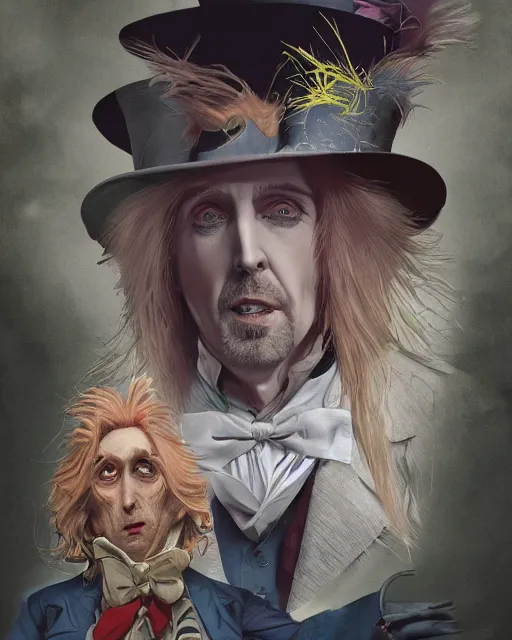 Image similar to tom petty as the mad hatter, contrast, kim jung gi, greg rutkowski, zabrocki, karlkka, jayison devadas, trending on artstation, 8 k, ultra wide angle, zenith view, pincushion lens effect