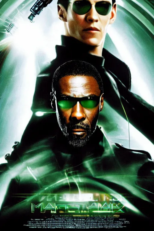 Prompt: a movie poster portrait taken from the matrix movie featuring ( idris elba ) with long black dreadlocks, wearing futuristic sun glasses and black leather trench coat, holding a futuristic gun, green matrix computer code and light beams flash in the background, extremely detailed, extremely symmetrical facial features, by kevin fiege 8 k