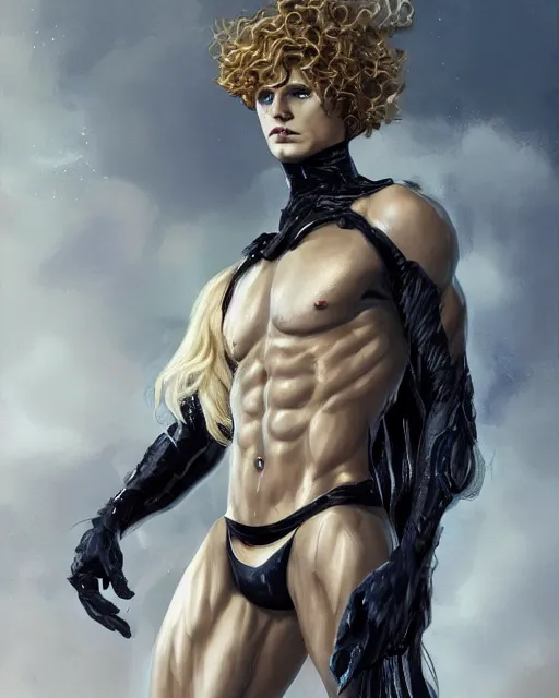 Prompt: Lucius as an androgynous albino prince in a black gilded obsidian bodysuit, long fluffy golden blonde curly hair, digital painting, muscular young man, sci-fi setting, symmetrical features, Daniel Gerhartz, high detail intricate, artstation, WLOP, Artgerm, J. Scott Campbell; Olivia De Berardinis, Daniel Gerhartz, jack kirby, mysterious vibes