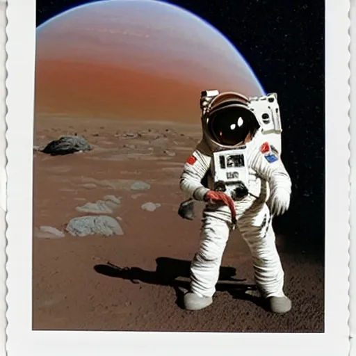 Image similar to polaroid carl sagan in a spacesuit on mars, with rover, detailed face