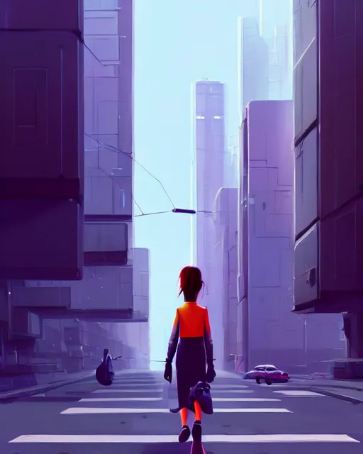 Image similar to a woman walking down a street next to tall buildings, cyberpunk art by goro fujita, cgsociety, photorealism, speedpainting, artstation hq, artstation hd