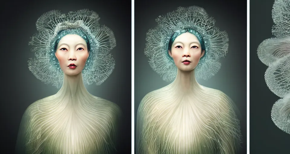 Image similar to closeup shot of asian female wearing a luminous soft fragile jelly fish dress, symmetrical face, by ray caesar, by louise dahl wolfe, by andrea kowch, by anna claren, surreal photography