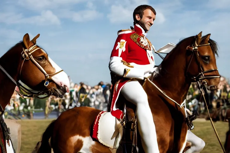 Image similar to closeup portrait of emmanuel macron dressed as napoleon riding a tiny miniature horse, natural light, sharp, detailed face, magazine, press, photo, steve mccurry, david lazar, canon, nikon, focus