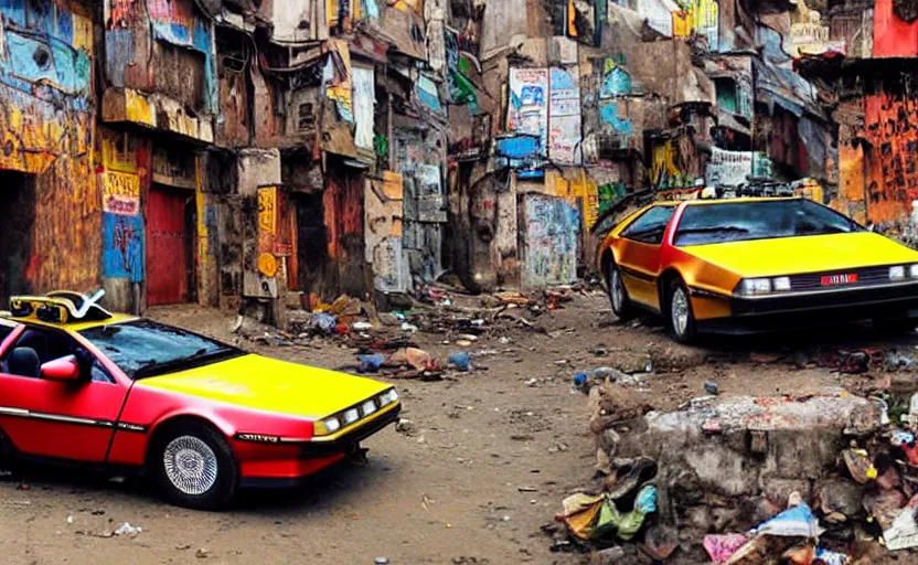 Image similar to a red and yellow delorean in ajegunle slums of lagos - nigeria, magazine collage, masterpiece,