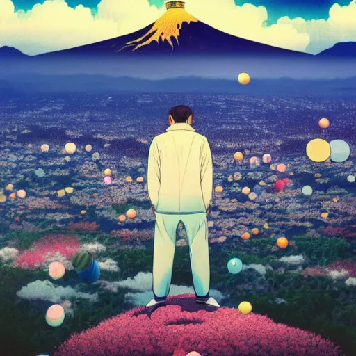 Image similar to a man walking on clouds away from the camera above kyoto by takashi murakami, beeple and james jean, aya takano color style, 4 k, super detailed, modern, 4 k, symmetrical