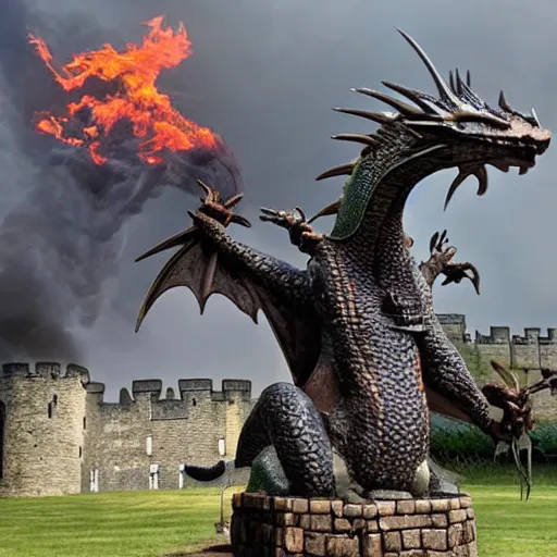 Prompt: a mad dragon guarding a british medieval castle, fire is rising around the castle