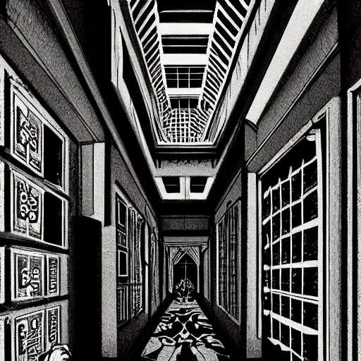 Image similar to a terrifying dark hallway with many doors and many stairs, impending doom, horror, Mc Escher architecture, epic composition, anime key visual