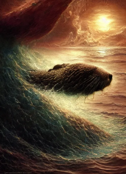 Prompt: an evil sea otter god in the ocean depths, abyss, cosmic horror painting, elegant intricate digital painting artstation concept art by mark brooks and brad kunkle and beksinski extreme detail 4 k