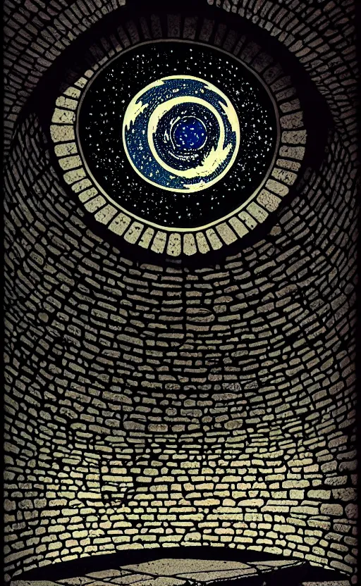 Prompt: stone brick wall inside of a castle, round window looking out to the starry night sky laboratory, high details, intricately detailed, by vincent di fate, inking, 3 color screen print, masterpiece, trending on artstation,, sharp, details, hyper - detailed, hd, 4 k, 8 k