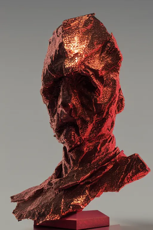 Image similar to realistic 8k Roberto Ferri Sculpture of random jagged reflective metal pieces forming the shape of a person silhouetted by a bright red sun, godrays, glinting metal, neon colors, cyberpunk, smooth, sharp focus, 24mm lens, DOF, hyper realistic, art by Greg Rutkowski and Ruan Jia and Giger