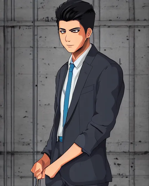 Image similar to Digital presidential anime art of Ivan Duque by A-1 studios, serious expression, empty warehouse background, highly detailed, spotlight