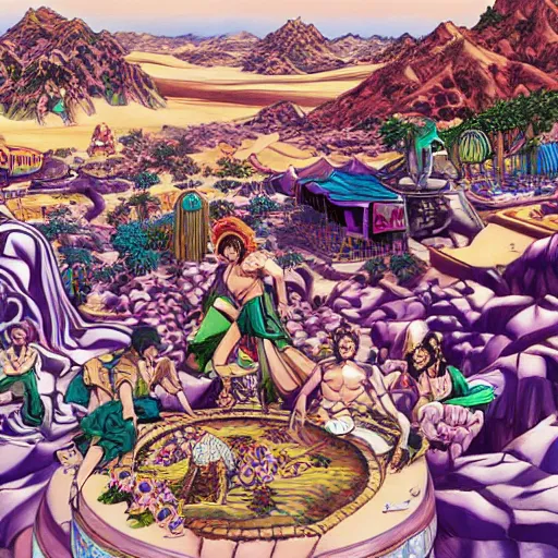 Image similar to a beautiful painting of a desert marketplace filled with alien people by hirohiko araki, detailed line art, jojos bizarre adventure