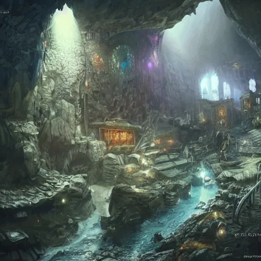 Prompt: a fantasy steampunk city hidden inside a cave, deep colour\'s, realistic, hyperrealistic, concept art, stylized, unreal engine 5, trending on art station, W 1024