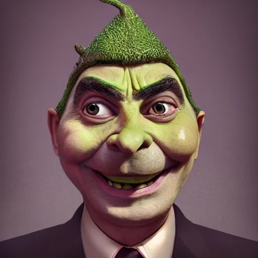 Image similar to Very very very very highly detailed epic central composition photo of Mr Bean as Shrek face, intricate, extremely detailed, digital painting, smooth, sharp focus, illustration, happy lighting, incredible art by Brooke Shaden, artstation, concept art, Octane render in Maya and Houdini