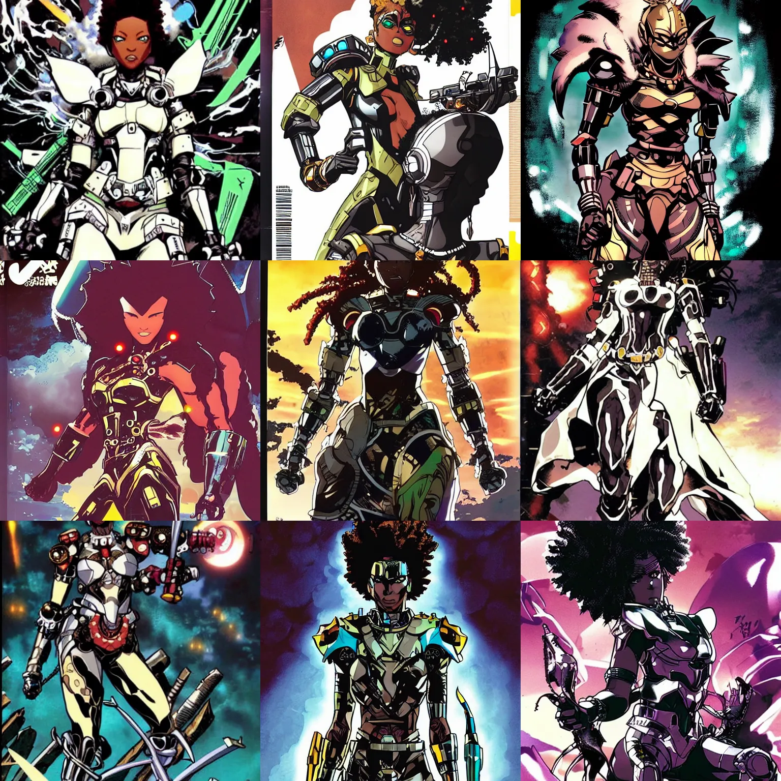 Prompt: afro futuristic manga cover art of a cyborg Wakandan warrior queen, epic composition by Yoji shinkawa and Mike Mignola,