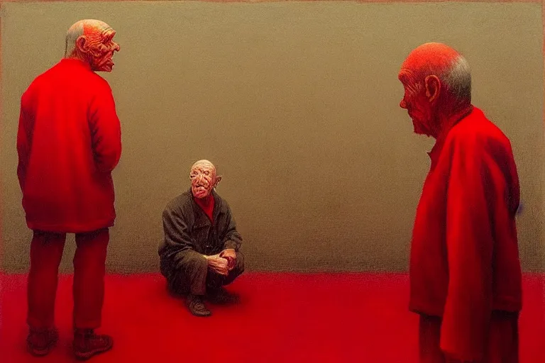 Image similar to only with red, a red old man try to sell a portrait, in a square, cheering crowd, in the style of beksinski, parts by edward hopper, parts by rodcenko, parts by yue minjun, intricate and epic composition, red by caravaggio, insanely quality, highly detailed, masterpiece, red light, artstation, 4 k