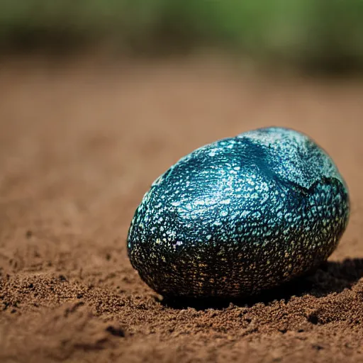 Prompt: hyper-realistic photo of a mystial dragon egg sitting in the dirt, clos up shot, 8K