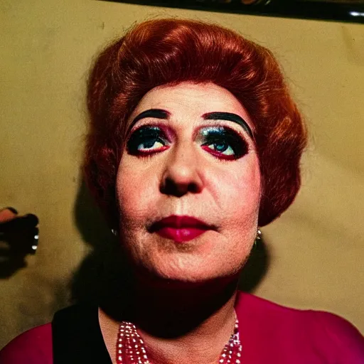 Prompt: a color portrait of Pearle Mildred, the thin, heavy make-up aging English cabaret singer sitting backstage holding a cigarette before a concert at the Astoria, London, 1970