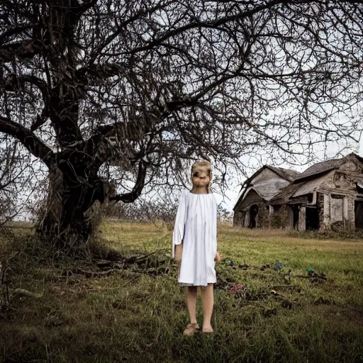 Prompt: a girl in a white cotton dress stands outside a decaying georgian farmhouse. an apple tree. red apples. folk. gothic