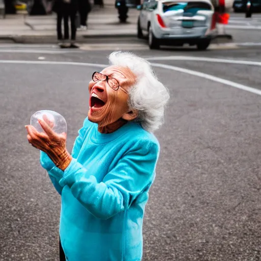 Image similar to elderly woman screaming at a balloon, canon eos r 3, f / 1. 4, iso 2 0 0, 1 / 1 6 0 s, 8 k, raw, unedited, symmetrical balance, wide angle