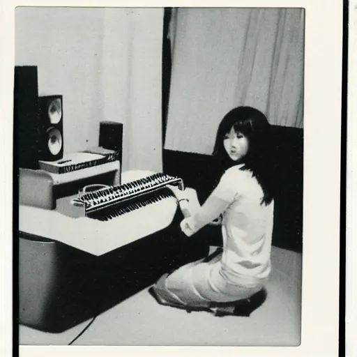 Image similar to 1 9 7 0 s polaroid of a female japanese musician playing a vintage modular synthesizer, hazy, faded