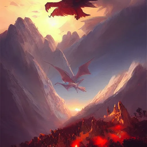 Image similar to a beautiful painting of a mountain with dragons flying in the sky at sunset by by greg rutkowski, trending on artstation.