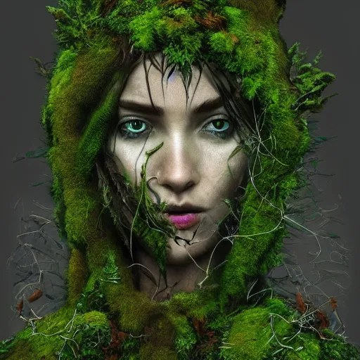 Prompt: a druid covered in moss and vines in the style of anti-art trending on artstation deviantart Pinterest detailed High Resolution HD 8k