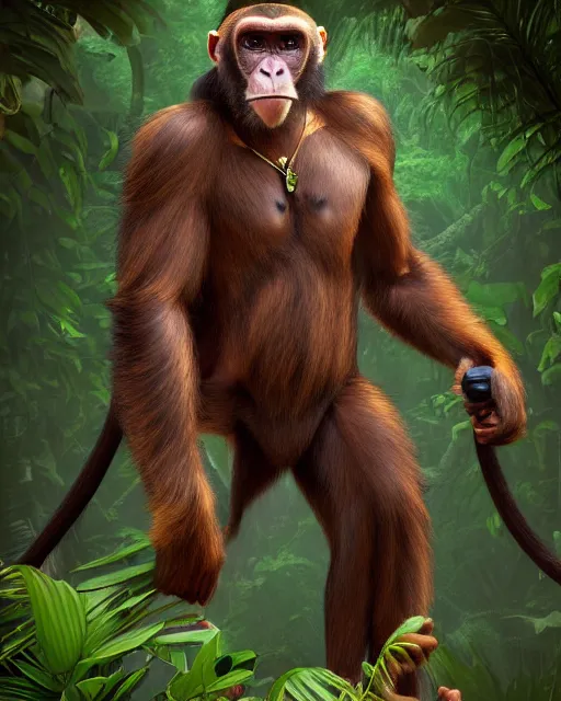 Image similar to fury art, an anthro ape monkey wearing a fantasy armor, jungle background, large cape, 3 d, 8 k, extremely detailed, trending on furaffinity, trending on artstation, award winning, sharp focus, illustration