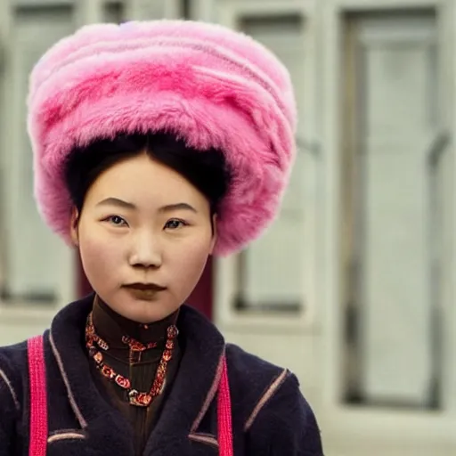 Image similar to closeup photo of a young chinese tribal woman in the style of rosie matheson in a film still of the grand budapest hotel ( 2 0 1 4 )