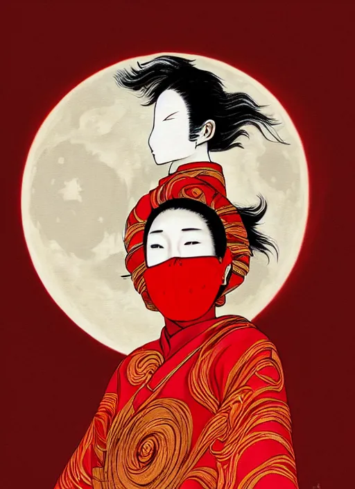 Image similar to portrait of a woman with a mask on his face in the form of a spiral in a golden kimono, full face, against the background of a bright red moon, sad motif, by hisashi eguchi, kentaro miura, and yoshitaka amano, soft colors, futuristic, 8 k