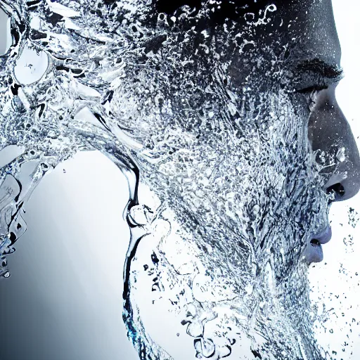 Prompt: water artwork manipulation in the shape of a human head,, ray tracing, sharp focus, realistic water, long shot