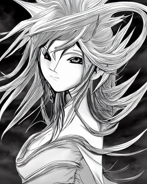 Prompt: Mind Flayers, wind-like hair posing on a boat, black and white, fantasy art, female art, in the style of masami kurumada, illustration, epic, fantasy, intricate, hyper detailed, artstation, concept art, smooth, sharp focus, ray tracing