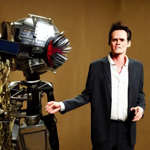 Prompt: animatronic Jim Carrey, exposed mechanics, test photo, Stan Winston studios, detailed, 4k