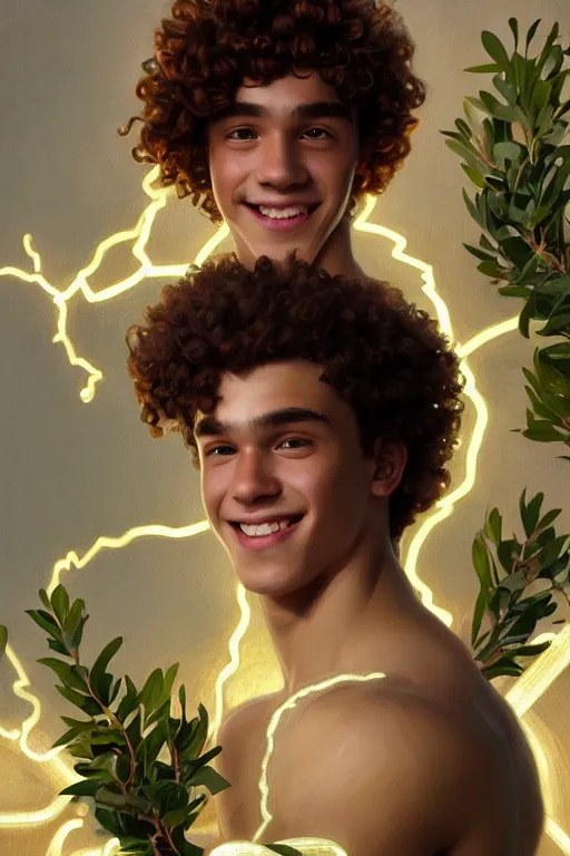 Image similar to portrait of teenage zeus, greek, short curly copper hair, smiling mischievously, wearing a white sash, olive tree, intricate, elegant, lightning bolt, glowing lights, highly detailed, digital painting, artstation, concept art, smooth, sharp focus, illustration, art by wlop, mucha, artgerm, and greg rutkowski