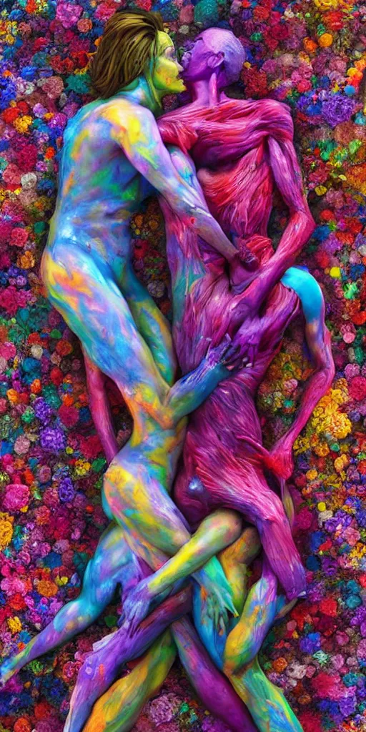 Image similar to a surrealist sculpture human bodies intertwined, a lovely cornucopia of flowers and human body parts, body parts, paint pour, swirling paint colors, highly detailed, octane render, cinematic