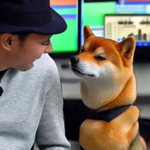 Prompt: A hat wearing shiba inu dog trading crypto like a professional on a desktop