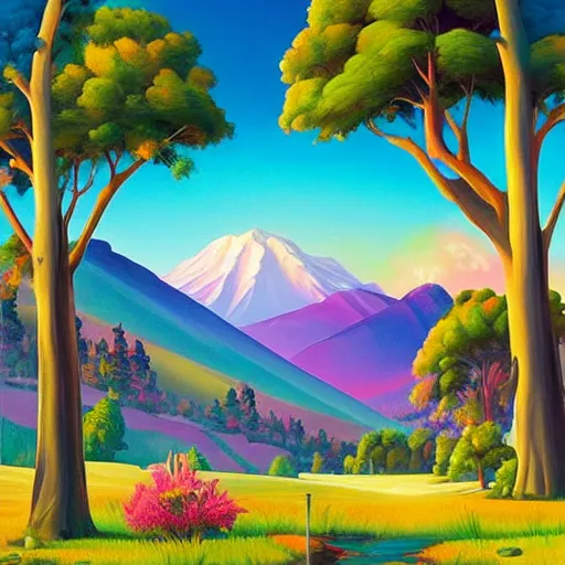 Prompt: a painting of mountains by lisa frank and RHADS