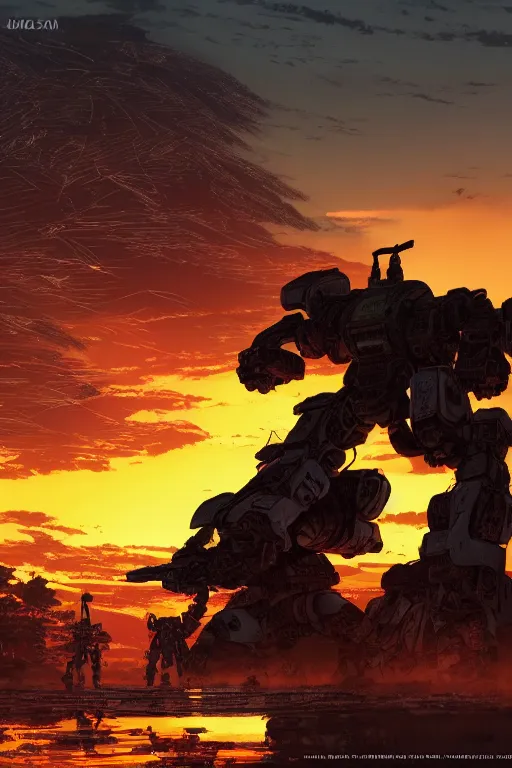 Image similar to A real photo of Samurai Mechwarrior Robot and the sunset in the distance, by Josan Gonzalez, Yoji Shinkawa and Geof Darrow, highly detailed, Unreal Engine Render, 3D, 8k wallpaper