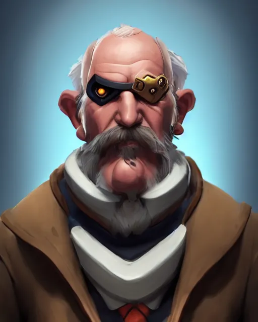 Image similar to overwatch concept art character portrait of a new character who is an elderly man with a scarred face and long mustache and eyepatch, trending on artstation, cgsociety,