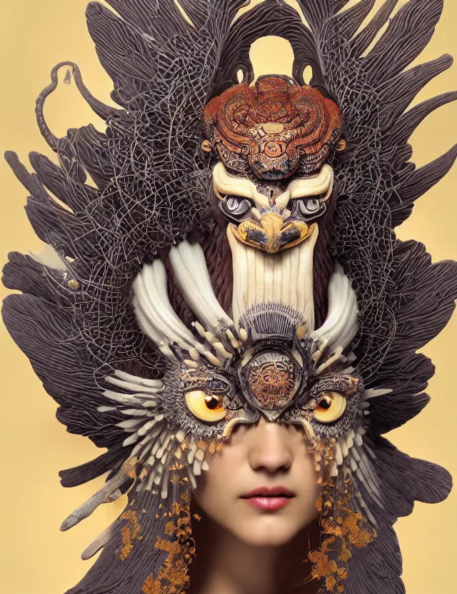 Image similar to 3 d goddess close - up 3 / 4 portrait with ram skull. beautiful intricately detailed japanese crow kitsune mask and clasical japanese kimono. betta fish, jellyfish phoenix, bio luminescent, plasma, ice, water, wind, creature, artwork by tooth wu and wlop and beeple and greg rutkowski