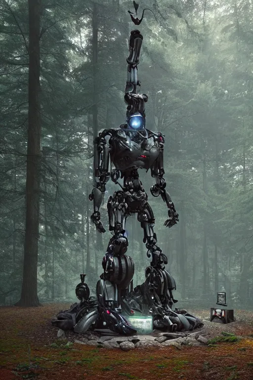Prompt: A robot statue in the middle of a forest taken back by nature by Greg Rutkowski, Sung Choi, Mitchell Mohrhauser, Maciej Kuciara, Johnson Ting, Maxim Verehin, Peter Konig, final fantasy , 8k photorealistic, cinematic lighting, HD, high details, atmospheric,