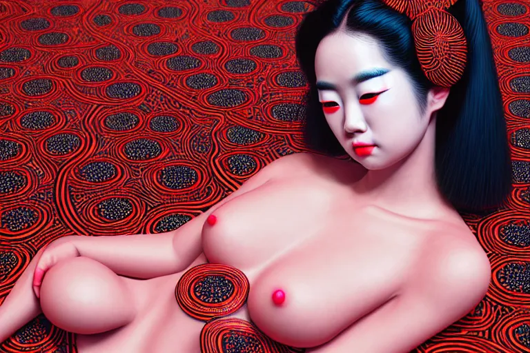Prompt: hyperrealistic detailed image of a geisha laying in a room, background by yayoi kusama, part by kei mieno, part by ross tran, part by james jean, ultra realistic, highly detailed, symmetrical face, detailed body, 3 d render, very cohesive, masterpiece