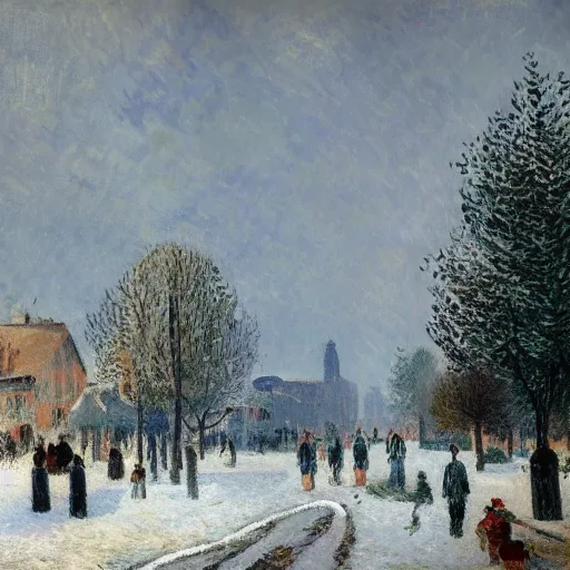 Image similar to A painting of a village during a snow storm, streets, (pedestrians), trees, Camille Pissarro, ((unreal engine)), Christmas tree