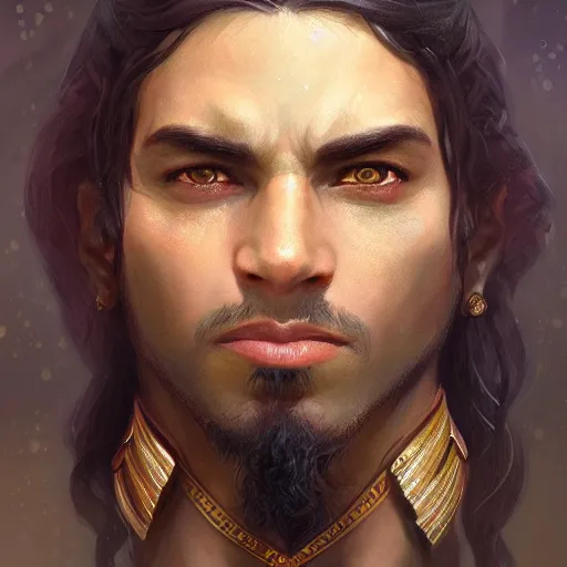 Image similar to egyptian nobleman, portrait, headshot, D&D, fantasy, highly detailed, digital painting, artstation, concept art, sharp focus, illustration, art by artgerm and greg rutkowski and alphonse mucha