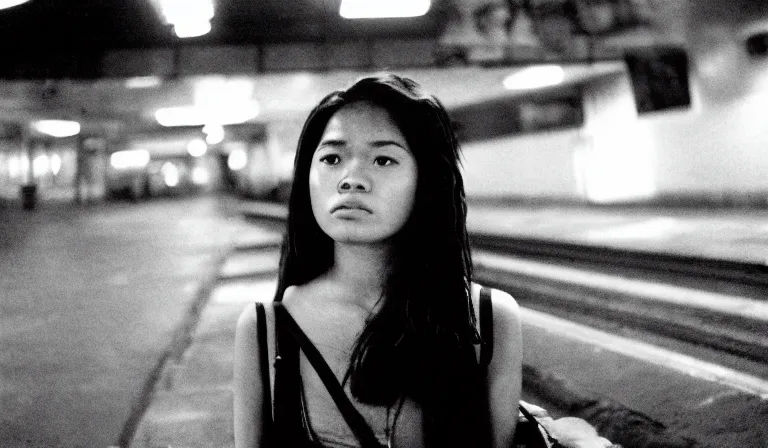 Image similar to A Filipino girl waits for a train, 35mm film, by Gregg Araki