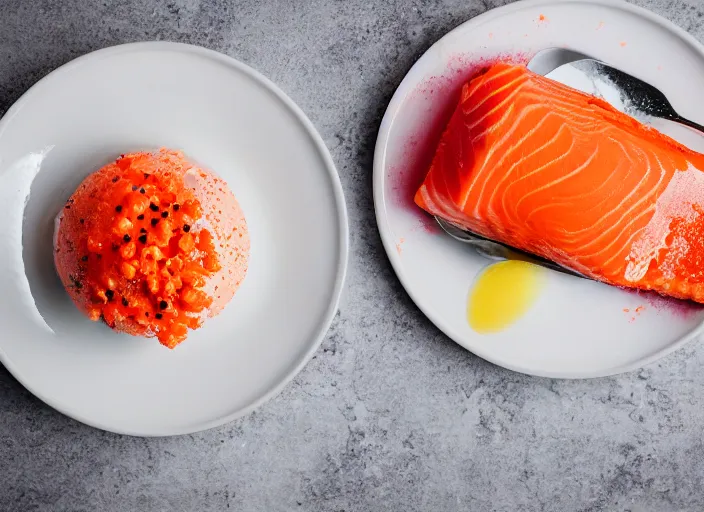 Prompt: dslr food photograph of salmon roe ice cream sundae, 8 5 mm f 1. 8