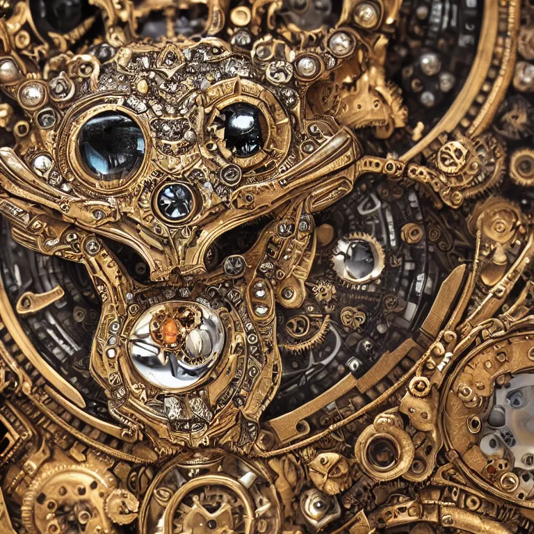 Image similar to A close up symmetric steampunk fox head with sparkling eyes made from ornate engraved full plate armor and Rolex gears and jewels and gems, macro shot by Justin Gerard, unreal engine, detailed, intricate, physically based rendering