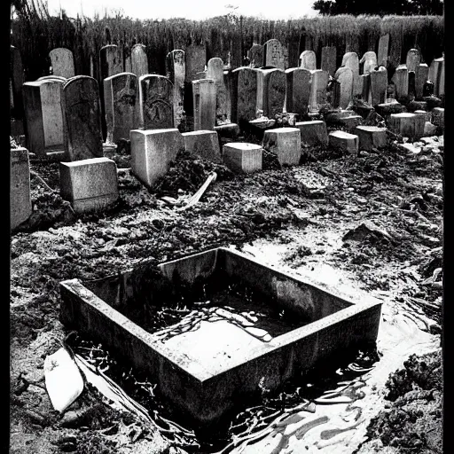 Prompt: The print shows a grave that has been flooded with water. The grave is located in a cemetery in Italy. The water in the grave is dirty and there is trash floating in it. The grave is surrounded by a fence. 1990s by Genndy Tartakovsky offhand, curvaceous