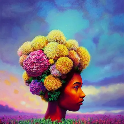 Prompt: girl with afro made of flower, standing in a field with flowers, surreal photography, hills, big trees, sunrise dramatic light, impressionist painting, colorful clouds, digital painting, pointillism, artstation, simon stalenhag